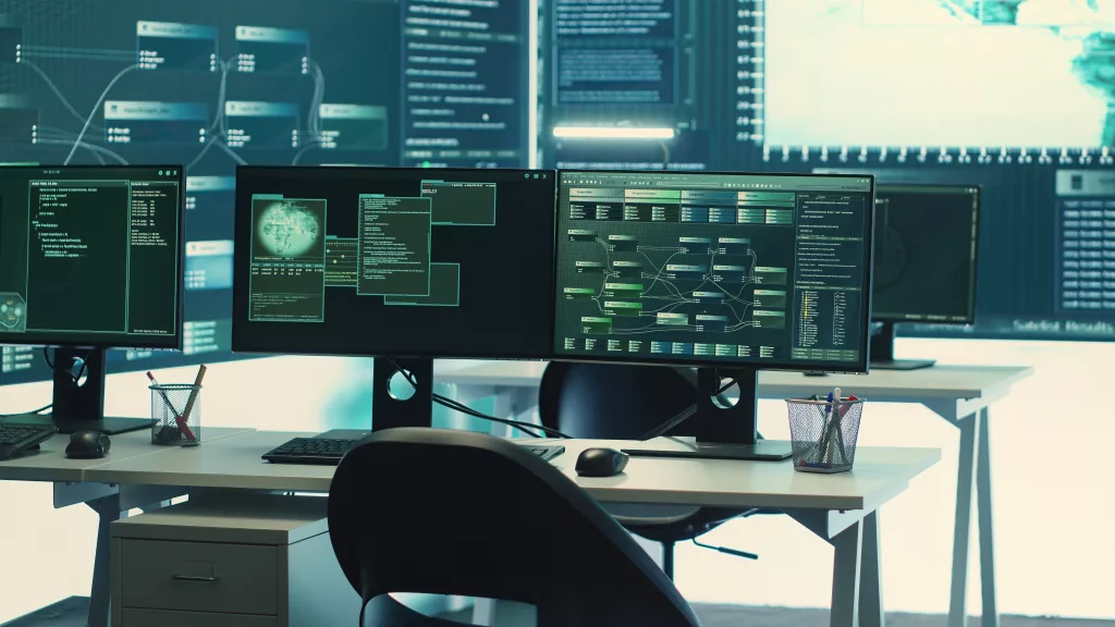 High-tech surveillance room with monitors