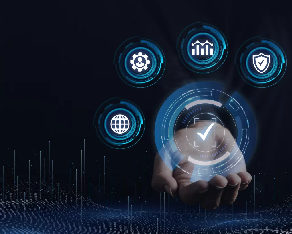 Hand holding digital interface icons